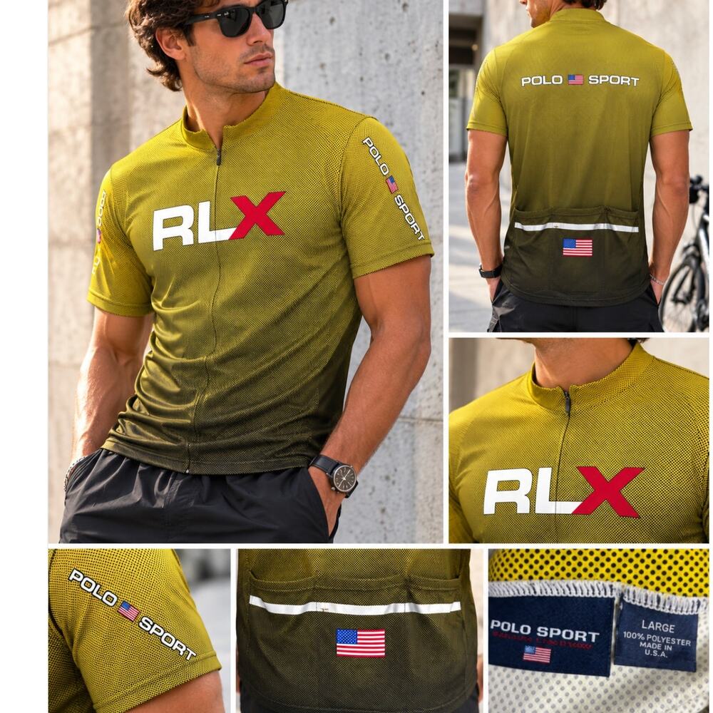 Polo Sport Ralph Lauren RLX Cycling Jersey L 90s Vintage USA Made Yellow Black